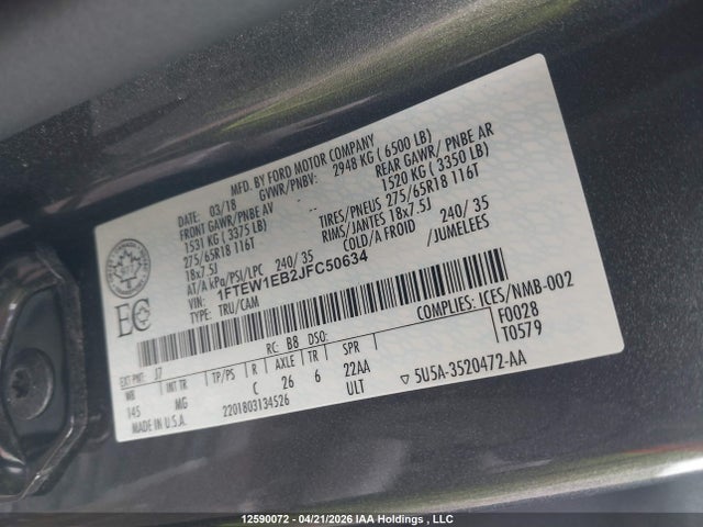 Продажа на аукционе авто 2018 Ford F150 Supercrew, vin: 1FTEW1EB2JFC50634, номер лота: 12590072