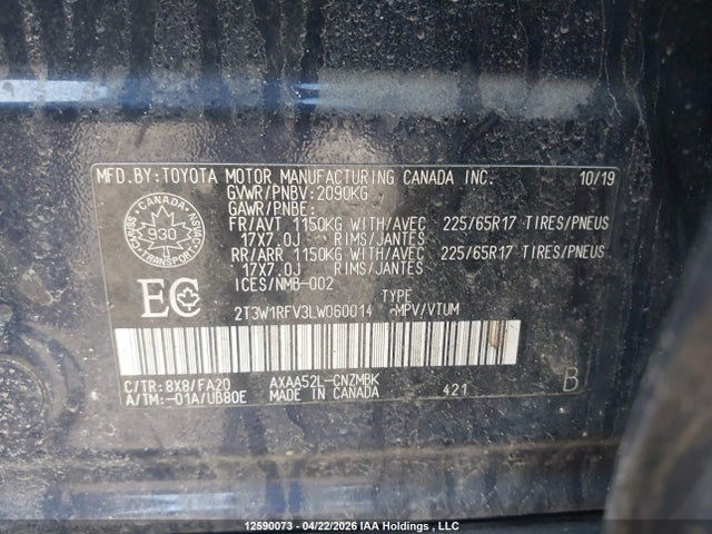 12590073 :رقم المزاد ، 2T3W1RFV3LW060014 vin ، 2020 Toyota Rav4 مزاد بيع