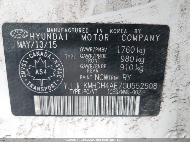 12590077 :رقم المزاد ، KMHDH4AE7GU552508 vin ، 2016 Hyundai Elantra Sport Appearance مزاد بيع