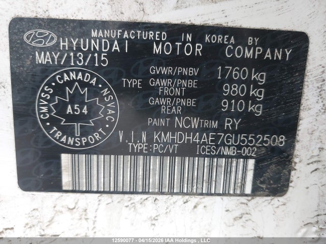 12590077 :رقم المزاد ، KMHDH4AE7GU552508 vin ، 2016 Hyundai Elantra Sport Appearance مزاد بيع