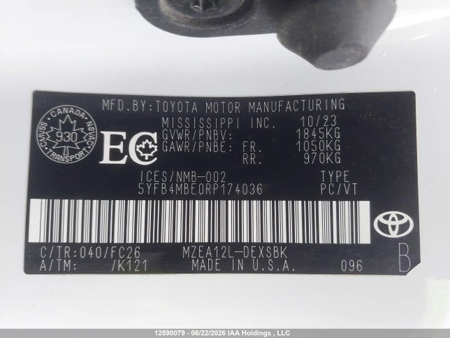 2024 Toyota Corolla მანქანა იყიდება აუქციონზე, vin: 5YFB4MBE0RP174036, აუქციონის ნომერი: 12590079
