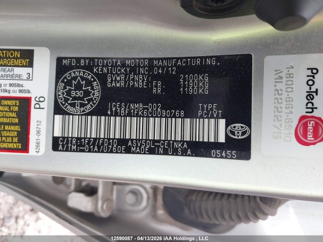 Aukcja sprzedaży 2012 Toyota Camry Se/le/xle, vin: 4T1BF1FK6CU090768, numer aukcji: 12590087