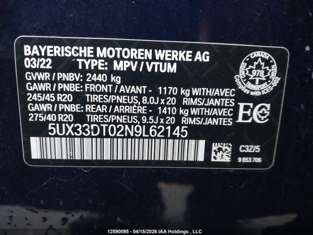 2022 Bmw X4 Xdrive30i მანქანა იყიდება აუქციონზე, vin: 5UX33DT02N9L62145, აუქციონის ნომერი: 12590095