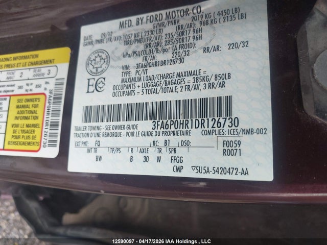 12590097 :رقم المزاد ، 3FA6P0HR1DR126730 vin ، 2013 Ford Fusion Se مزاد بيع