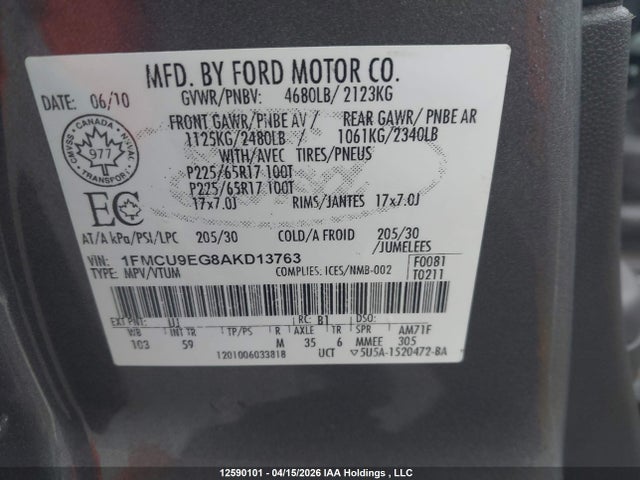 Продажа на аукционе авто 2010 Ford Escape Limited, vin: 1FMCU9EG8AKD13763, номер лота: 12590101