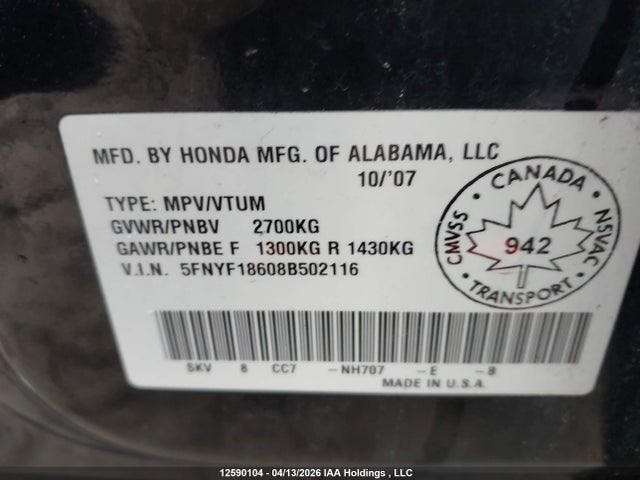 Aukcja sprzedaży 2008 Honda Pilot Se-l, vin: 5FNYF18608B502116, numer aukcji: 12590104