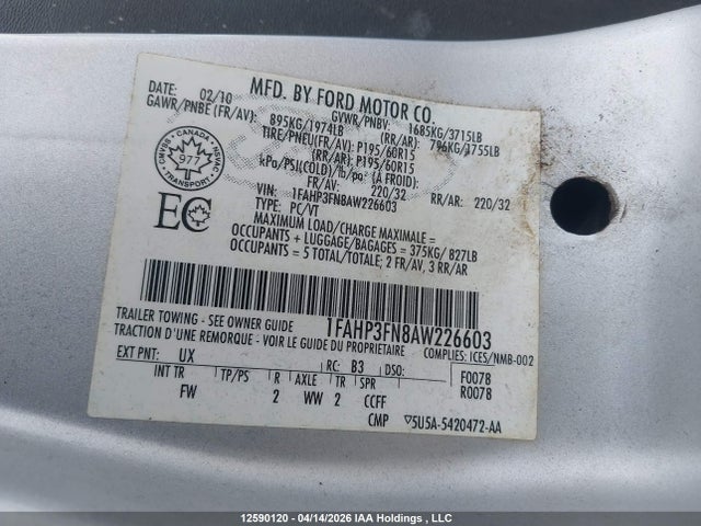 12590120 :رقم المزاد ، 1FAHP3FN8AW226603 vin ، 2010 Ford Focus Se مزاد بيع