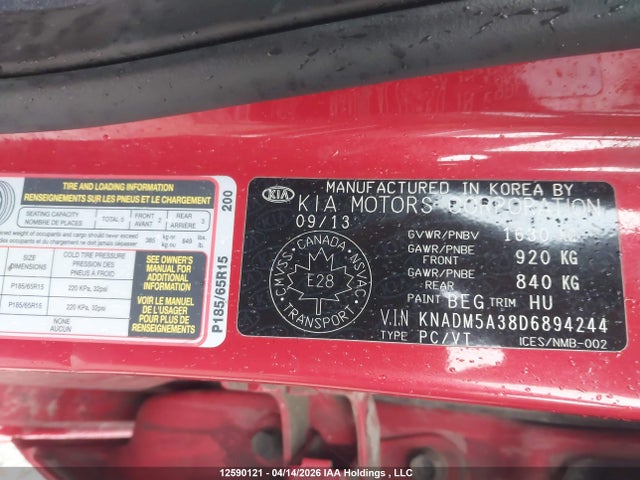 12590121 :رقم المزاد ، KNADM5A38D6894244 vin ، 2013 Kia Rio Lx مزاد بيع