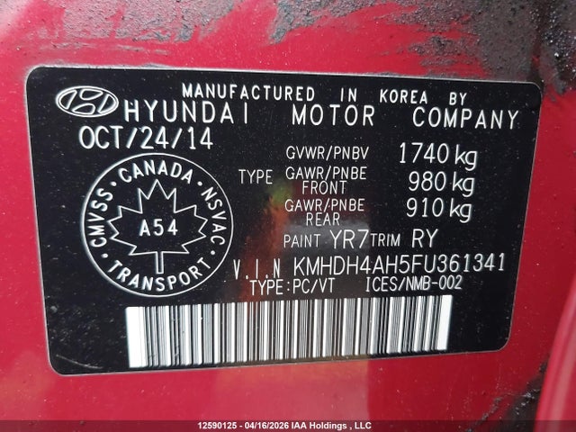 KMHDH4AH5FU361341 Hyundai Elantra Gls