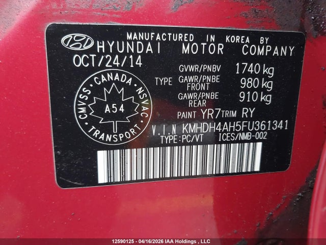 KMHDH4AH5FU361341 Hyundai Elantra Gls