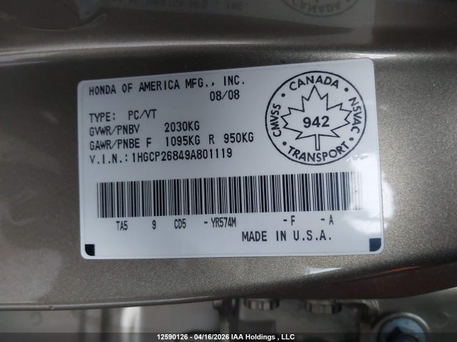 Продажа на аукционе авто 2009 Honda Accord, vin: 1HGCP26849A801119, номер лота: 12590126