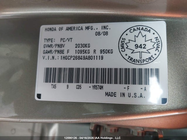 Продажа на аукционе авто 2009 Honda Accord, vin: 1HGCP26849A801119, номер лота: 12590126