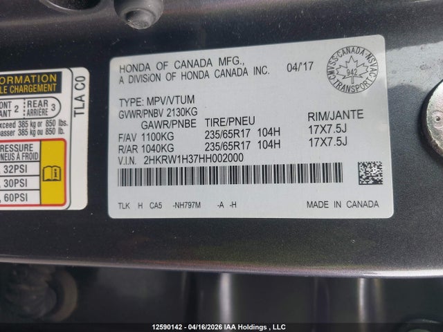 Aukcja sprzedaży 2017 Honda Cr-v Lx, vin: 2HKRW1H37HH002000, numer aukcji: 12590142
