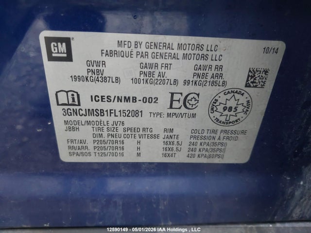 Chevrolet TRAX 1LT 2015 3GNCJMSB1FL152081 Image 9
