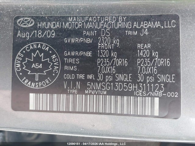 Продаж на аукціоні авто 2009 Hyundai Santa Fe Gls, vin: 5NMSG13D59H311123, номер лоту: 12590151