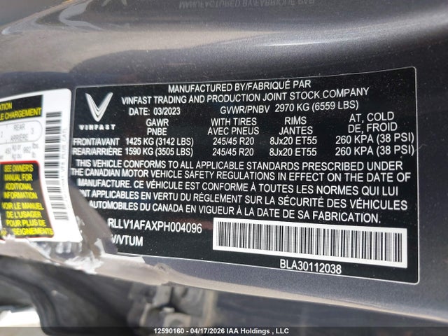 Продажа на аукционе авто 2023 Vinfast Vf 8, vin: RLLV1AFAXPH004096, номер лота: 12590160