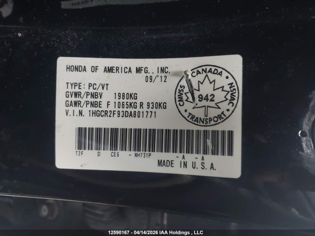Aukcja sprzedaży 2013 Honda Accord Touring, vin: 1HGCR2F93DA801771, numer aukcji: 12590167