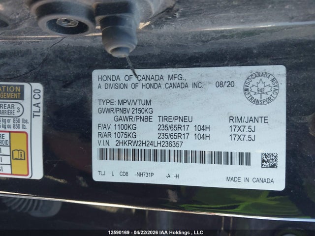 Aukcja sprzedaży 2020 Honda Cr-v Lx, vin: 2HKRW2H24LH236357, numer aukcji: 12590169