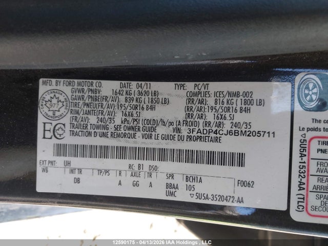 Aukcja sprzedaży 2011 Ford Fiesta Sel, vin: 3FADP4CJ6BM205711, numer aukcji: 12590175