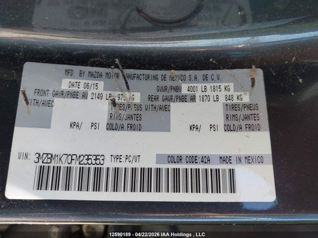 3MZBM1K70FM235353 Mazda MAZDA3