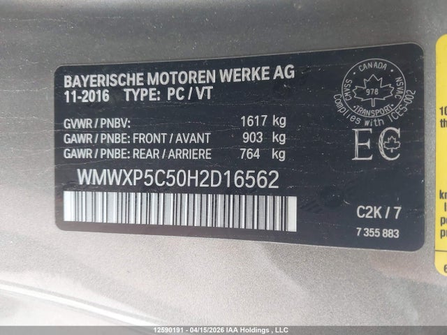 12590191 :رقم المزاد ، WMWXP5C50H2D16562 vin ، 2017 Mini 3 Door Cooper مزاد بيع