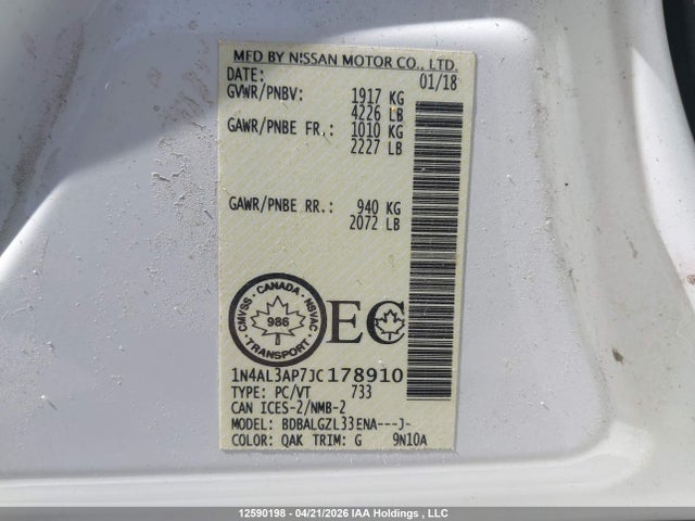 Aukcja sprzedaży 2018 Nissan Altima 2.5/s/sv/sl/sr, vin: 1N4AL3AP7JC178910, numer aukcji: 12590198