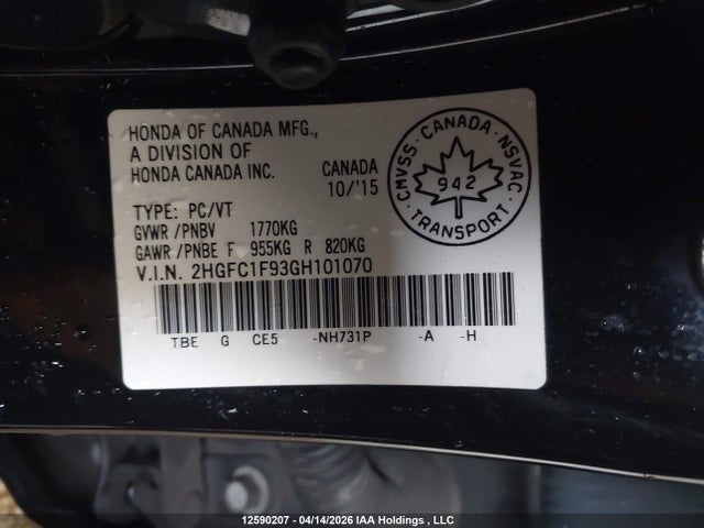 Aukcja sprzedaży 2016 Honda Civic Touring, vin: 2HGFC1F93GH101070, numer aukcji: 12590207
