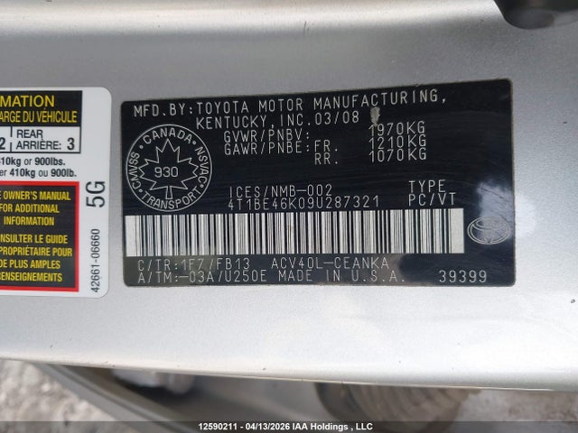 2009 Toyota Camry Se/le/xle მანქანა იყიდება აუქციონზე, vin: 4T1BE46K09U287321, აუქციონის ნომერი: 12590211