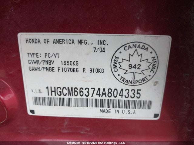 Aukcja sprzedaży 2004 Honda Accord Lx V6, vin: 1HGCM66374A804335, numer aukcji: 12590220