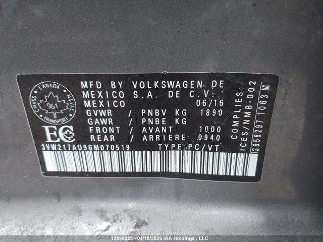 3VW217AU9GM070519 Volkswagen Golf S/se/sel
