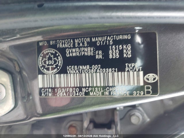 2015 Toyota Yaris Le მანქანა იყიდება აუქციონზე, vin: VNKKTUD38FA033821, აუქციონის ნომერი: 12590229