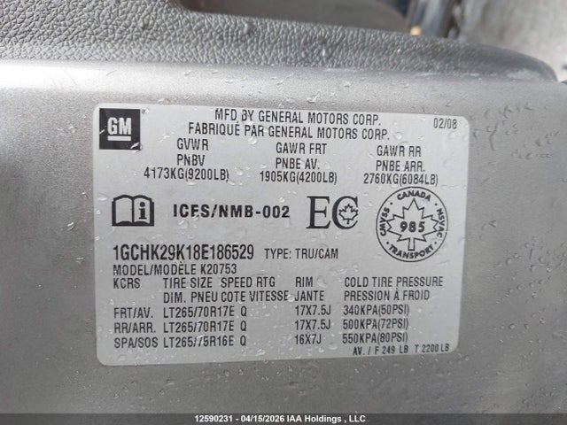 2008 Chevrolet Silverado K2500 Heavy Duty მანქანა იყიდება აუქციონზე, vin: 1GCHK29K18E186529, აუქციონის ნომერი: 12590231