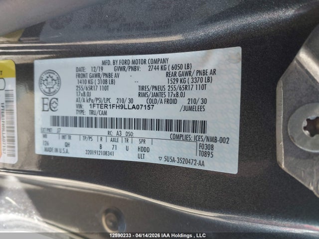 Продаж на аукціоні авто 2020 Ford Ranger Xl/xlt/lariat, vin: 1FTER1FH9LLA07157, номер лоту: 12590233