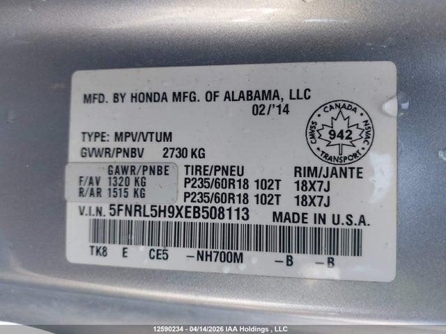 5FNRL5H9XEB508113 Honda Odyssey Touring/touring Elite
