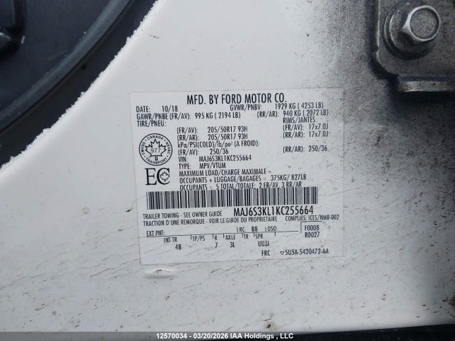 Aukcja sprzedaży 2019 Ford Ecosport Titanium, vin: MAJ6S3KL1KC255664, numer aukcji: 12570034