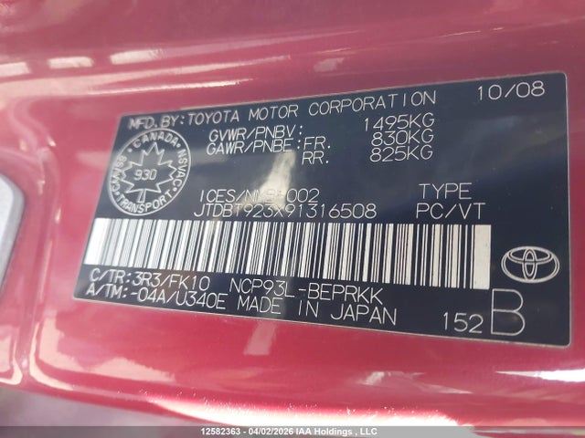 12582363 :رقم المزاد ، JTDBT923X91316508 vin ، 2009 Toyota Yaris مزاد بيع