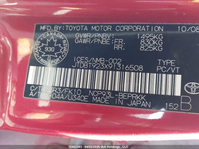 12582363 :رقم المزاد ، JTDBT923X91316508 vin ، 2009 Toyota Yaris مزاد بيع