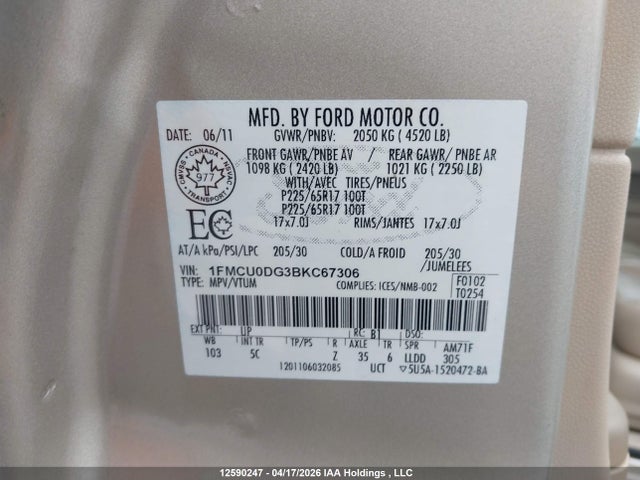 2011 Ford Escape Xlt Automatic მანქანა იყიდება აუქციონზე, vin: 1FMCU0DG3BKC67306, აუქციონის ნომერი: 12590247