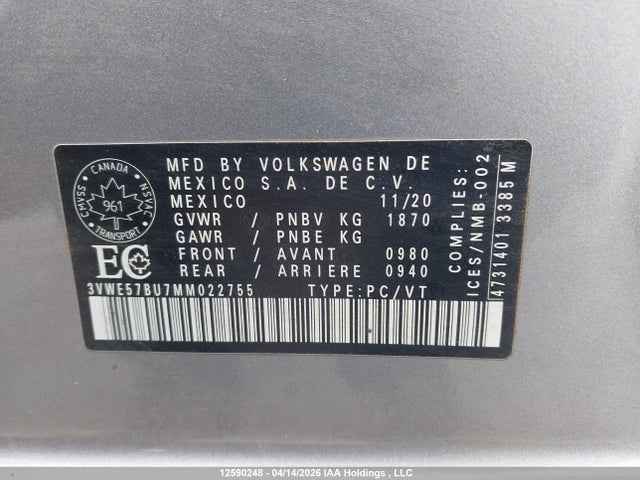 Продаж на аукціоні авто 2021 Volkswagen Jetta Sel, vin: 3VWE57BU7MM022755, номер лоту: 12590248