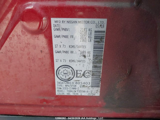 5N1AT2MV1JC805403 Nissan Rogue Sv/sl