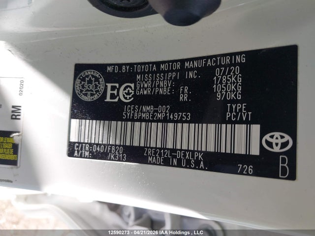 2021 Toyota Corolla L მანქანა იყიდება აუქციონზე, vin: 5YFBPMBE2MP149753, აუქციონის ნომერი: 12590273