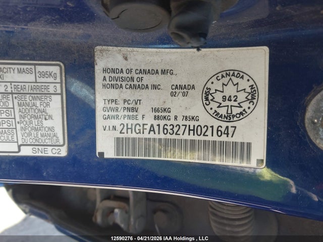 2007 Honda Civic Dx-g მანქანა იყიდება აუქციონზე, vin: 2HGFA16327H021647, აუქციონის ნომერი: 12590276