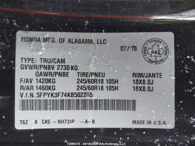 Aukcja sprzedaży 2019 Honda Ridgeline Touring, vin: 5FPYK3F74KB502265, numer aukcji: 12590315