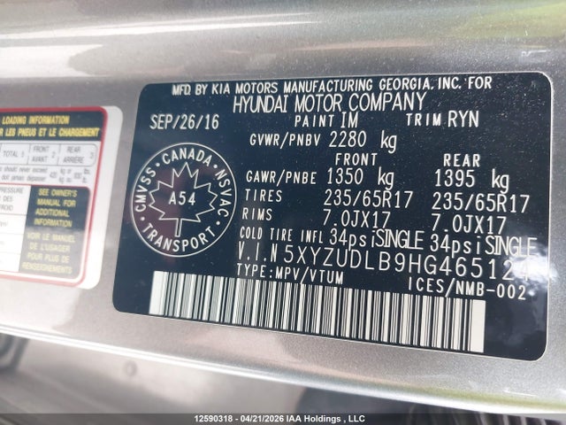 5XYZUDLB9HG465124 Hyundai Santa Fe Sport 2.4 Se