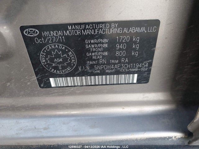 Продажа на аукционе авто 2012 Hyundai Elantra Gl, vin: 5NPDH4AE3CH119454, номер лота: 12590327