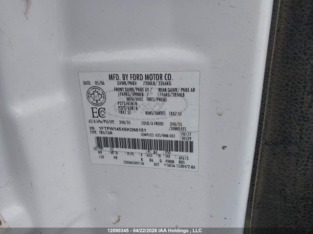 Продаж на аукціоні авто 2006 Ford F-150 Fx4/lariat/xlt, vin: 1FTPW145X6KD66151, номер лоту: 12590345