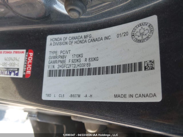 2020 Honda Civic Sedan მანქანა იყიდება აუქციონზე, vin: 2HGFC2F72LH009169, აუქციონის ნომერი: 12590347