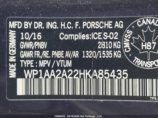 Porsche Cayenne 2017 WP1AA2A22HKA85435 Image 9