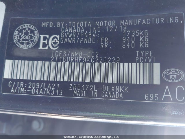 2T1BURHE9KC220229 Toyota COROLLA LE