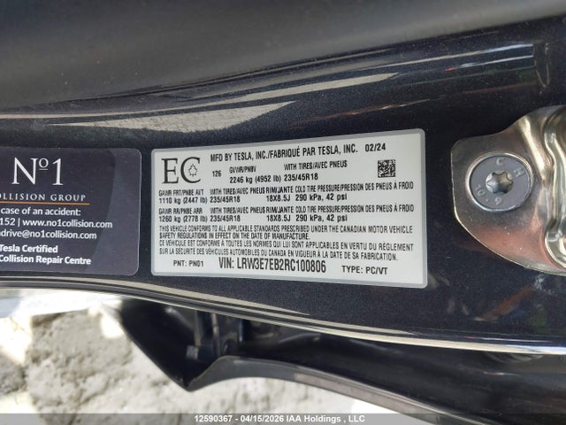 2024 Tesla Model 3 Long Range მანქანა იყიდება აუქციონზე, vin: LRW3E7EB2RC100806, აუქციონის ნომერი: 12590367